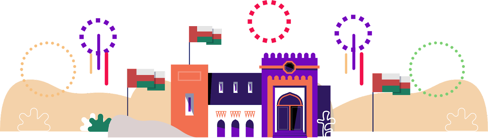 Takeover scene panel 1 showing Omani event architecture and environmental backdrop