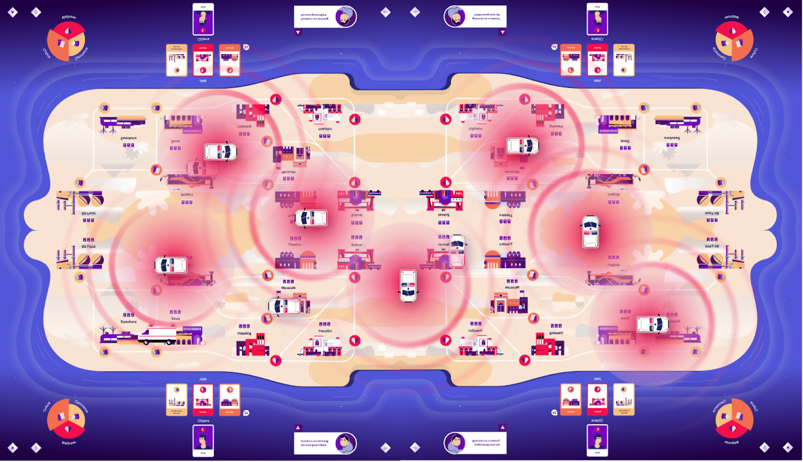 Takeover map scene 4 with highlighted alert zones across the full game board