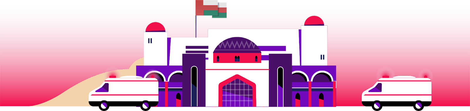Takeover scene panel 4 showing Omani event architecture and environmental backdrop