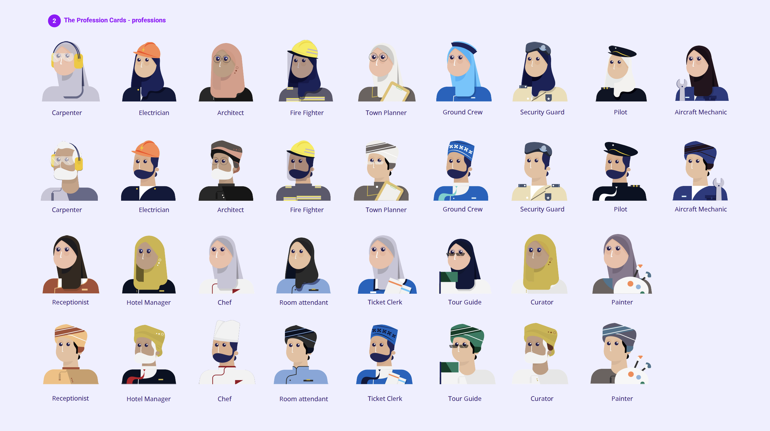 Econo Me card design system board with character and job cards