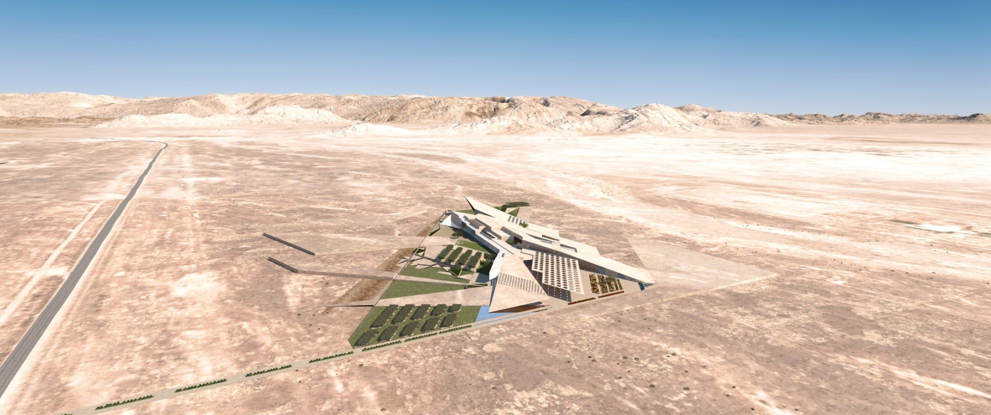 Aerial render of the Oman Across Ages Museum — a dramatic angular building set into the desert landscape
