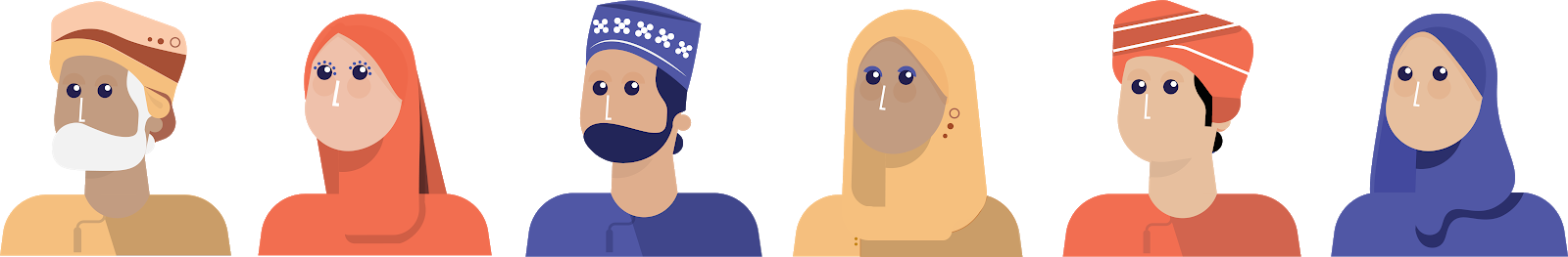 Character head variety study — six illustrated Omani character heads in a row, showing the full range of attire, skin tone, and style variants