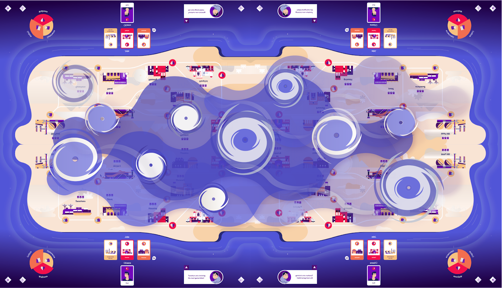 Takeover map scene 3 with circular wave overlays across the full game board