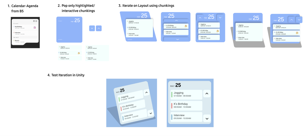 Calendar widget — 2D to 3D conversion with date grid and event chunking