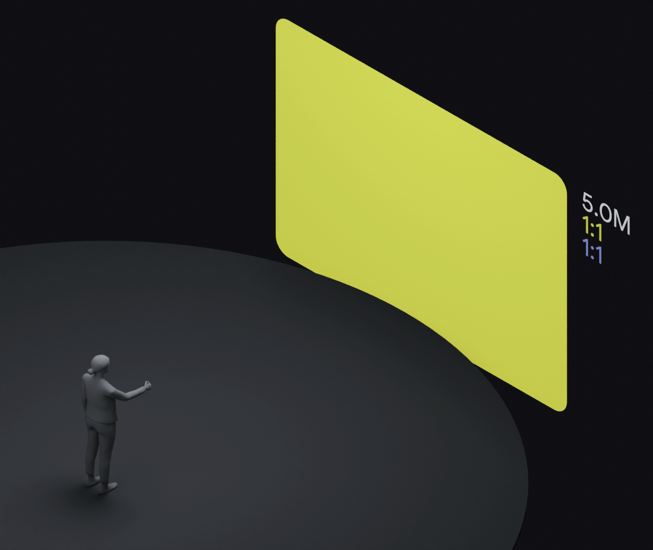Abstract 3D diagram showing a user with three windows at different scales — small utility panel, medium app, large immersive canvas