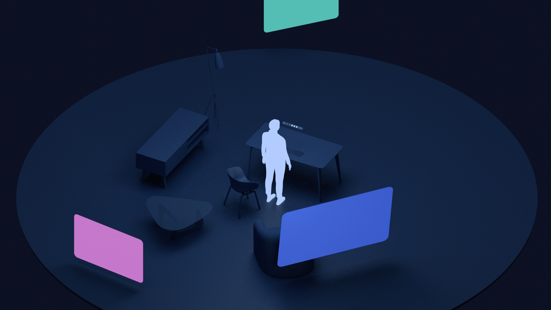Drag-and-drop in 3D space — silhouette pinching a content tile to move it between two app panels in Galaxy XR