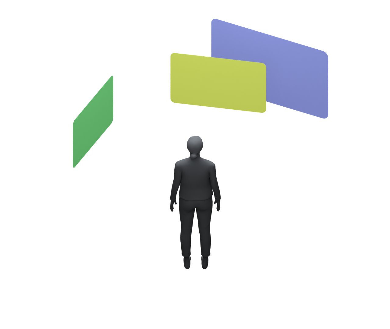 Isometric diagram showing a user inside a spatial dome with three floating windows at different positions