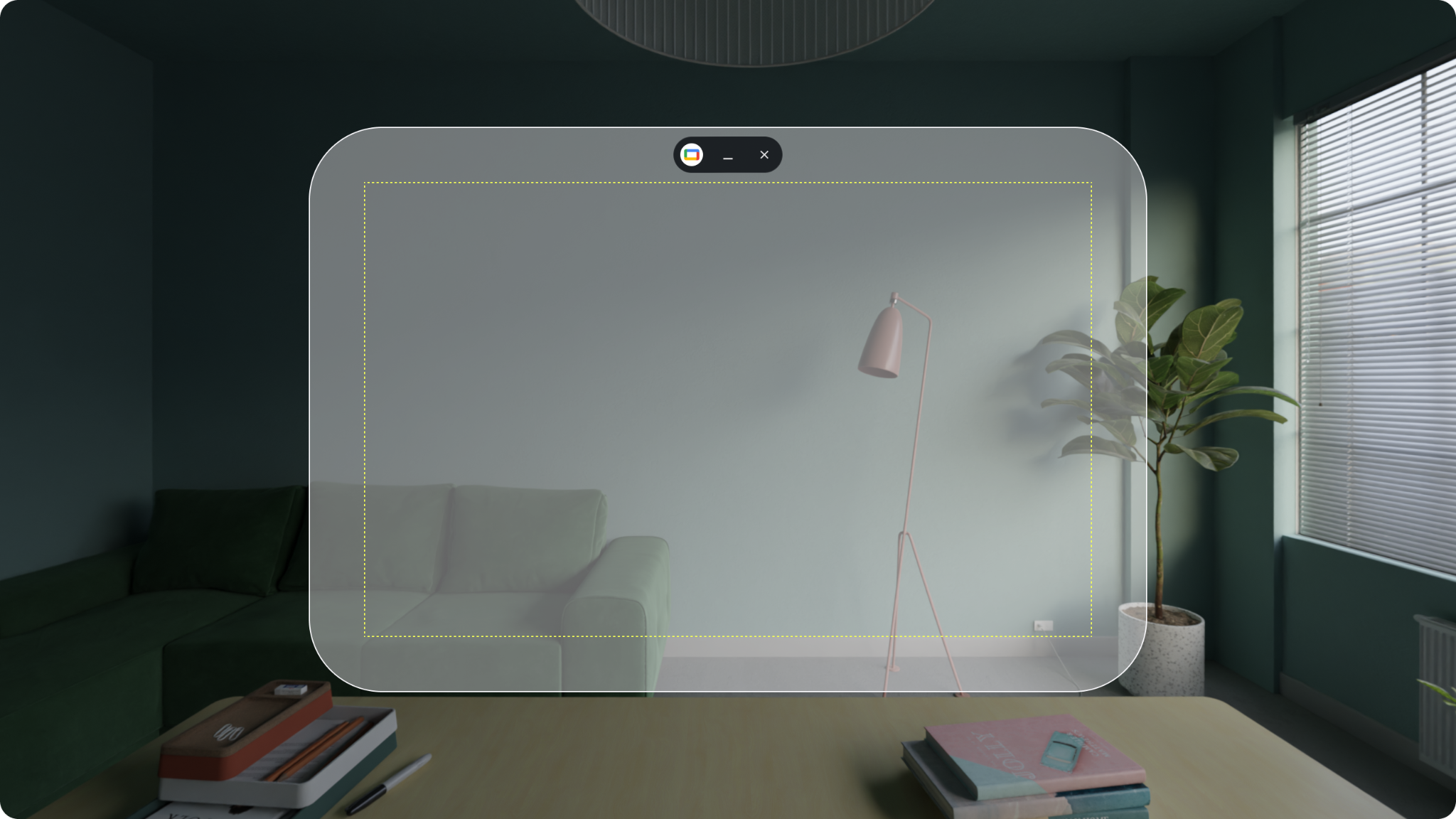 Transparent freeform window in Galaxy XR — passthrough room visible through the glass-like app surface