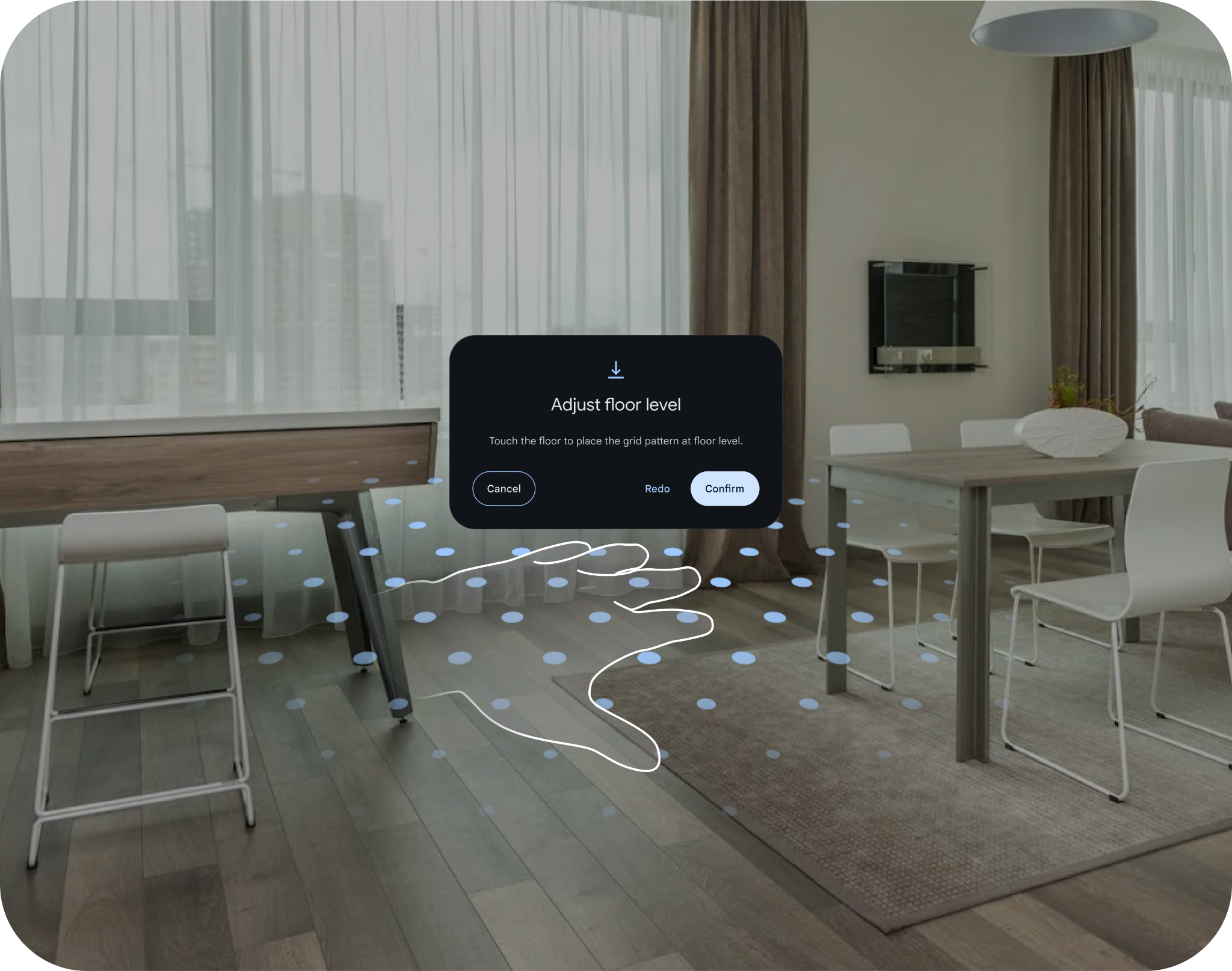 Manual touch floor placement — user touches physical floor with hand to snap grid to exact height
