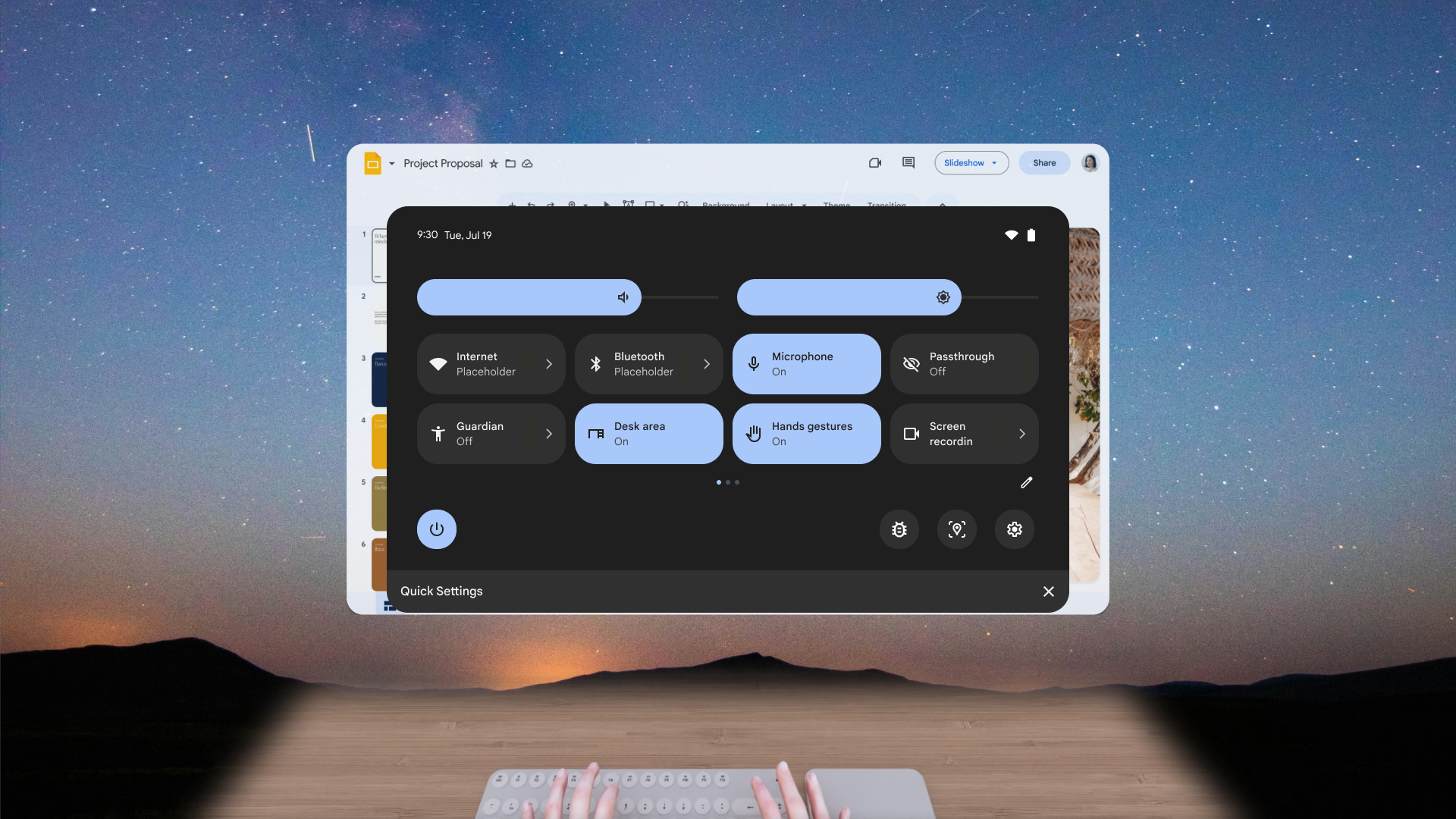 Desk area settings page — setup button, adjustment slider, and long-press QS shortcut