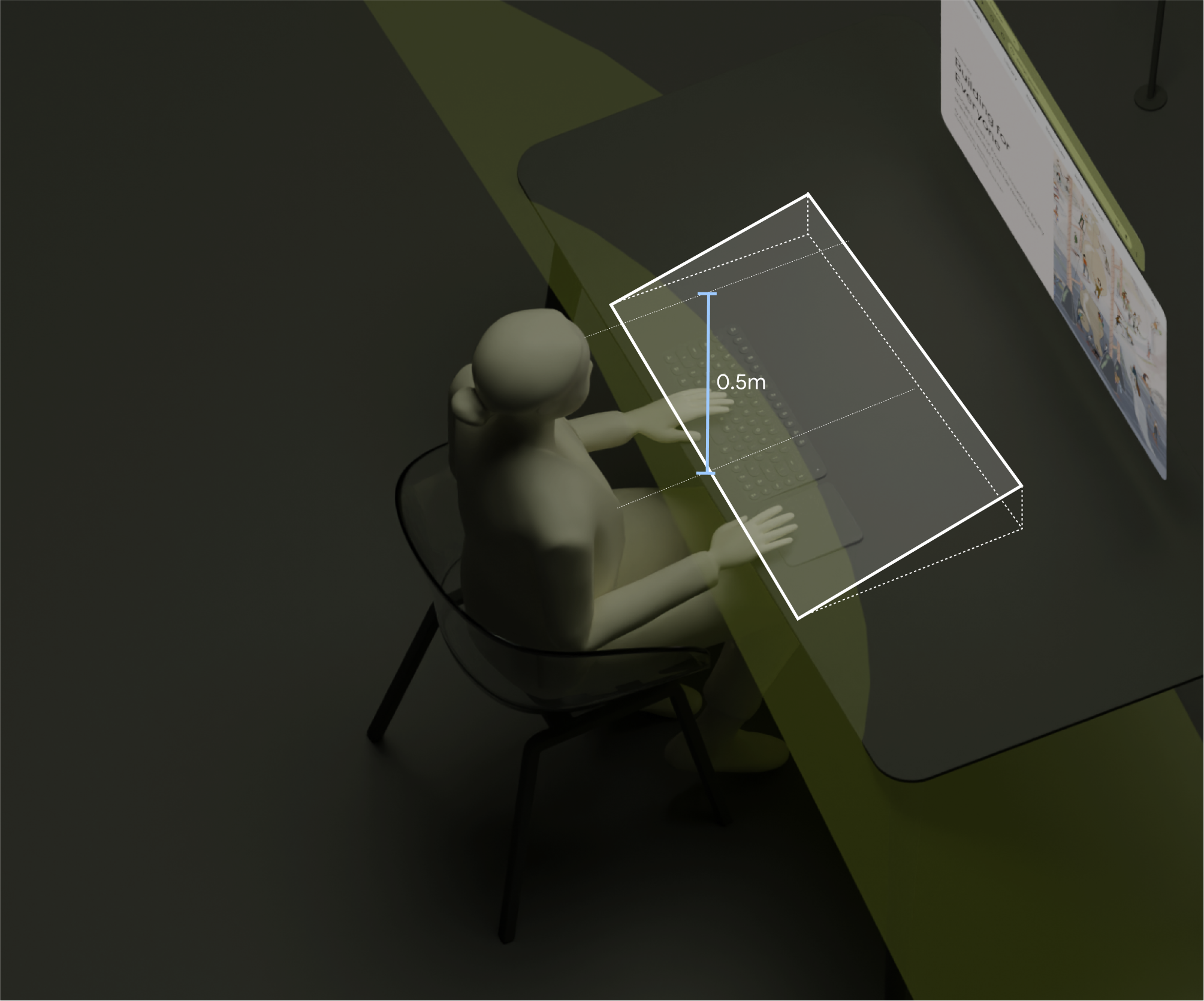 Side view diagram — desk area tilted 15° downward, positioned 0.5m below headset center