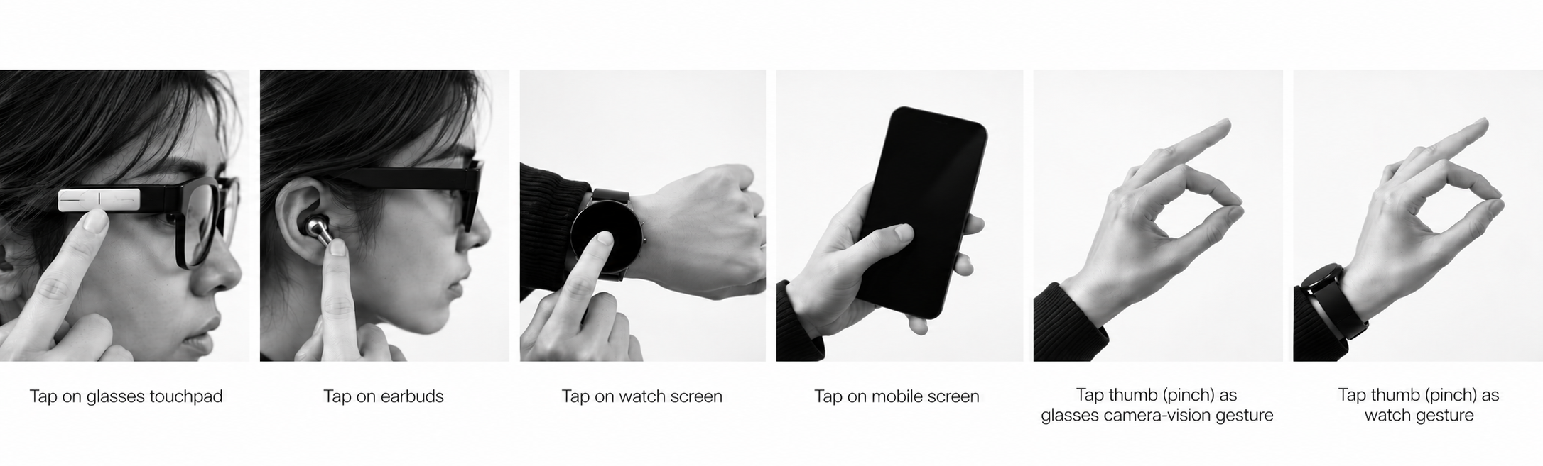 The device ecosystem the gesture system spans — watch, foldable phone, earbuds, phone, and smart glasses